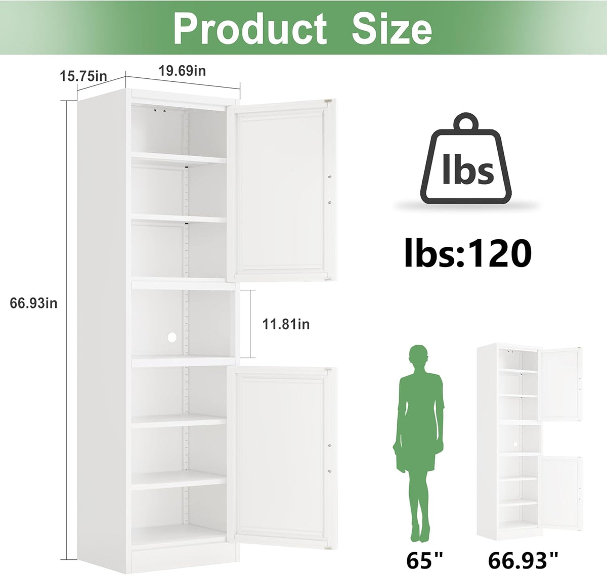 Tall Narrow Storage Cabinet 66.93" H Tall Bathroom Cabinet Metal Pantry Cabinets, 4 Adjustable