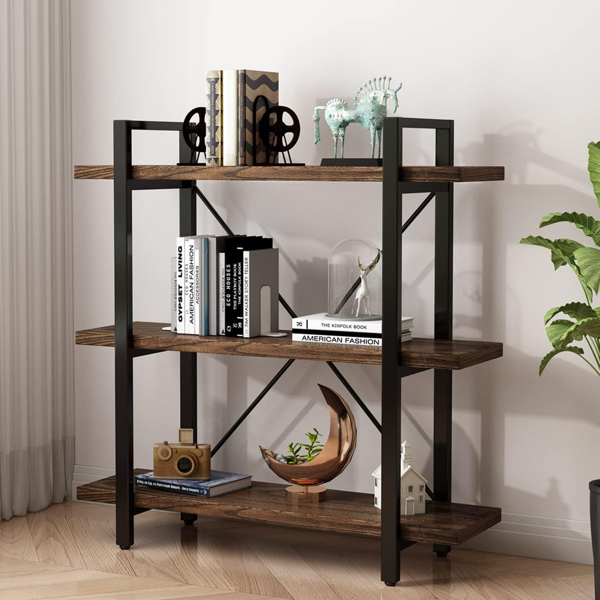 3 Tier Bookshelf Modern Rustic Open Bookshelf Office Solid Wood Bookcase and Book Shelves Wood and