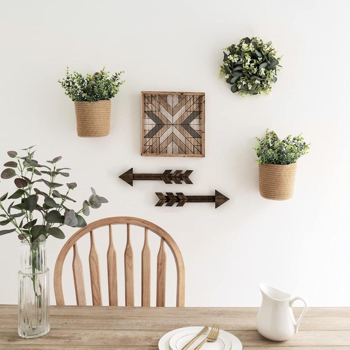 Dahey 2 Pack Wall Hanging Rope Basket with Artificial Eucalyptus Farmhouse Decor, Jute Woven