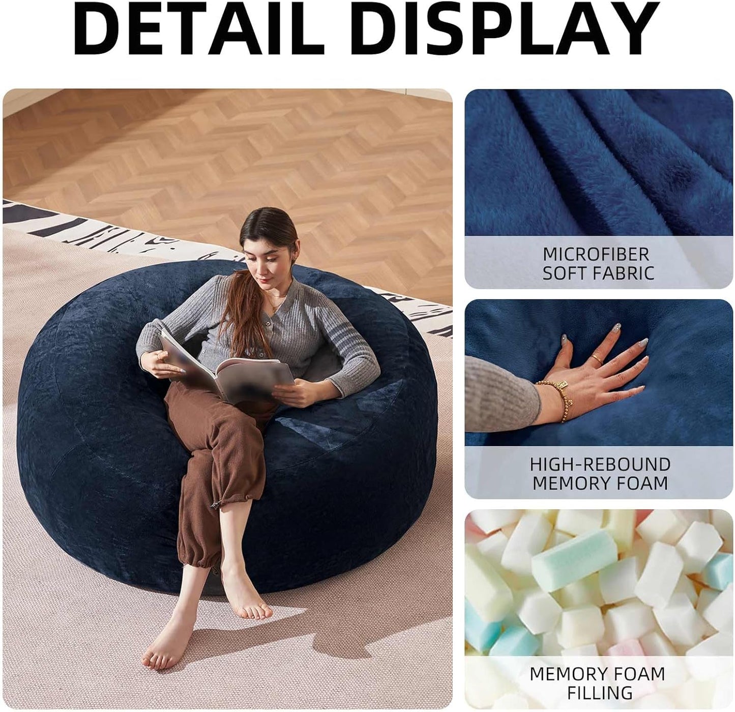 Bean Bag Chair 5Ft, Memory Foam Filled, Large Beanbag Chairs for Adults and Teens, Soft Sofa with
