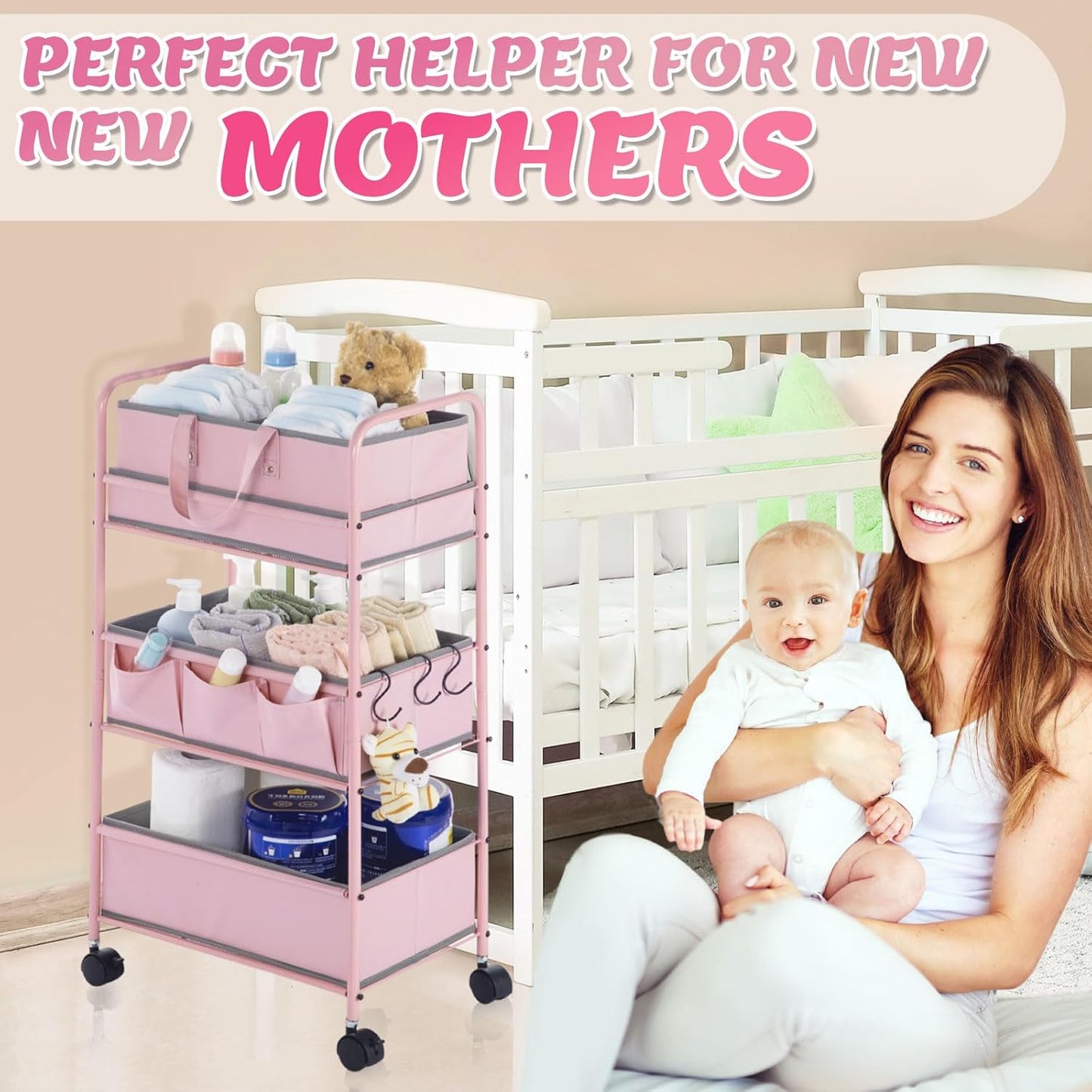 Honeydak 2in1 Baby Diaper Caddy Organizer Cart 3 Tier Large Capacity Metal Utility Bedside Rolling