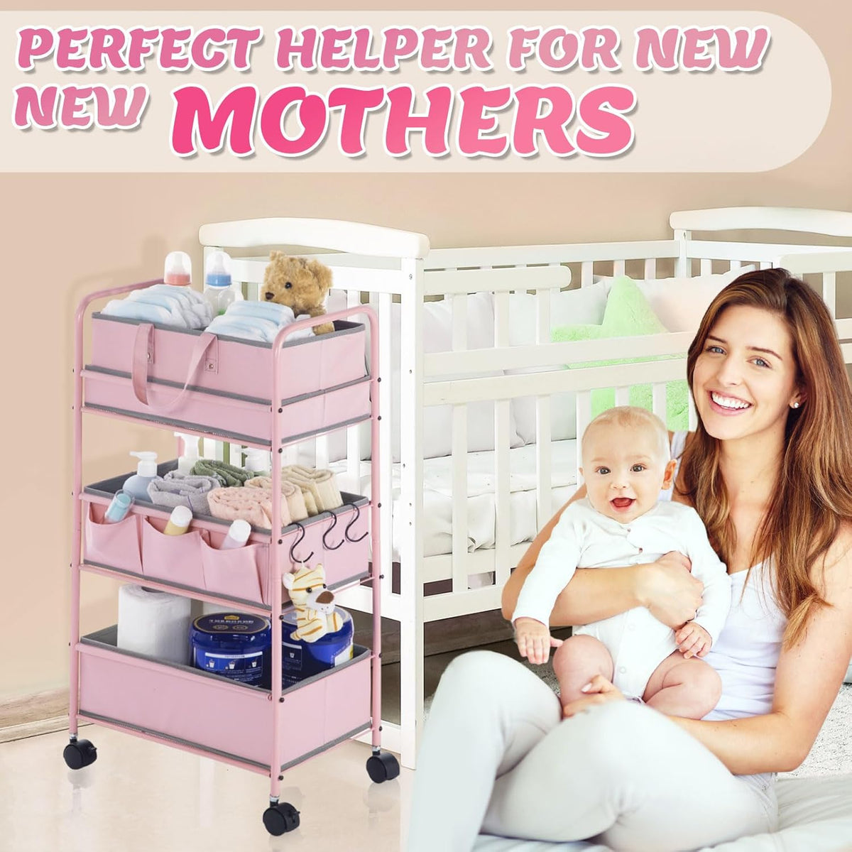 Honeydak 2in1 Baby Diaper Caddy Organizer Cart 3 Tier Large Capacity Metal Utility Bedside Rolling