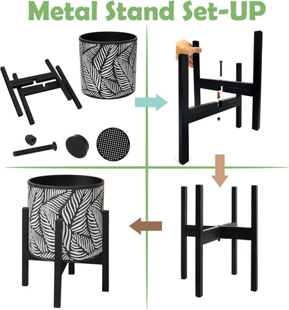 10 & 12 Inches Plant Pot with Stand Set of 2, Decorative Palm Leaves Printing Planter with Holder