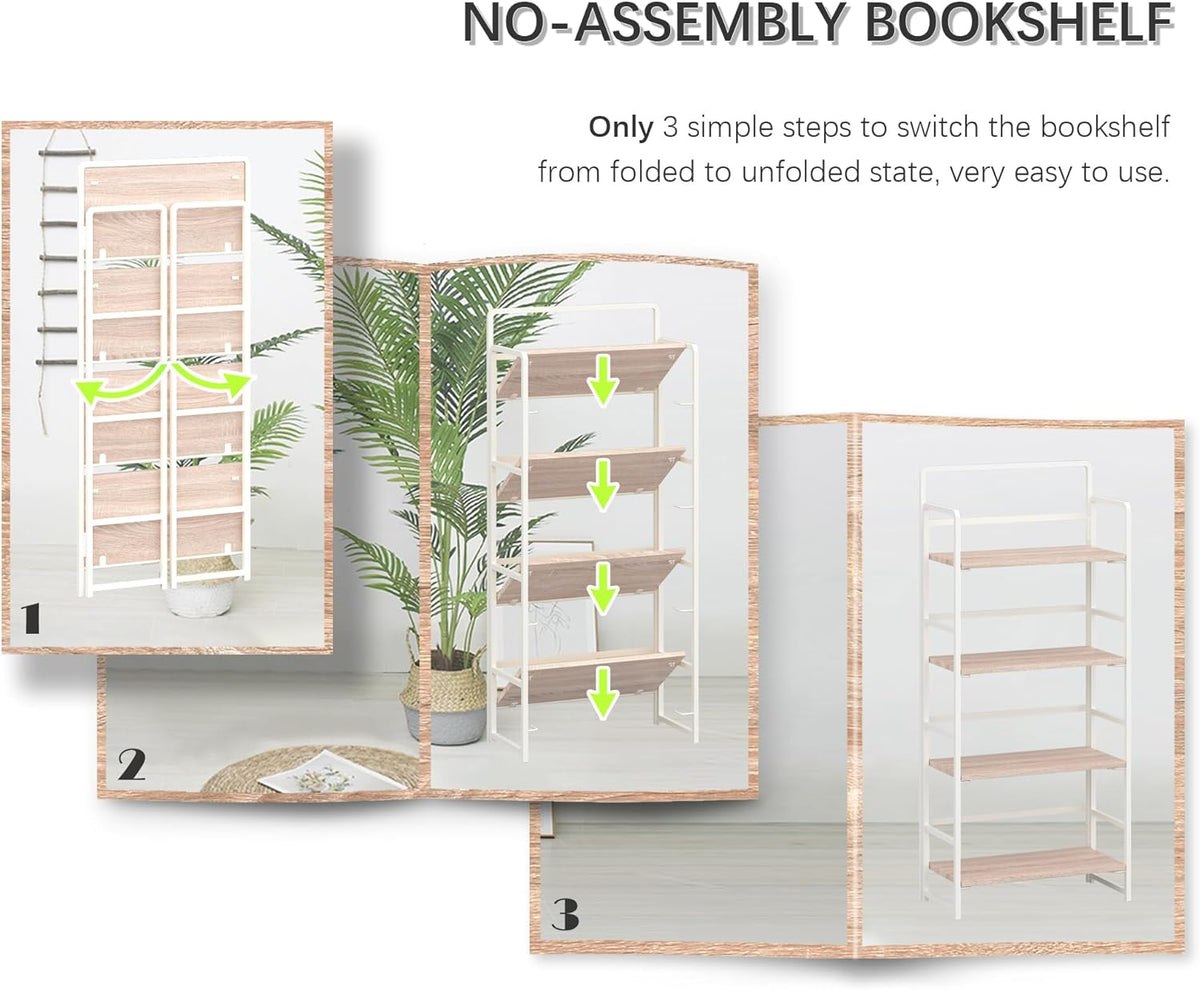 4NM No Assembly Foldable Bookshelf, 4-Shelf Collapsible Bookcase Storage for Small Spaces, 54" H