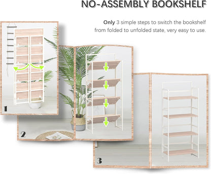 4NM No Assembly Foldable Bookshelf, 4-Shelf Collapsible Bookcase Storage for Small Spaces, 54" H