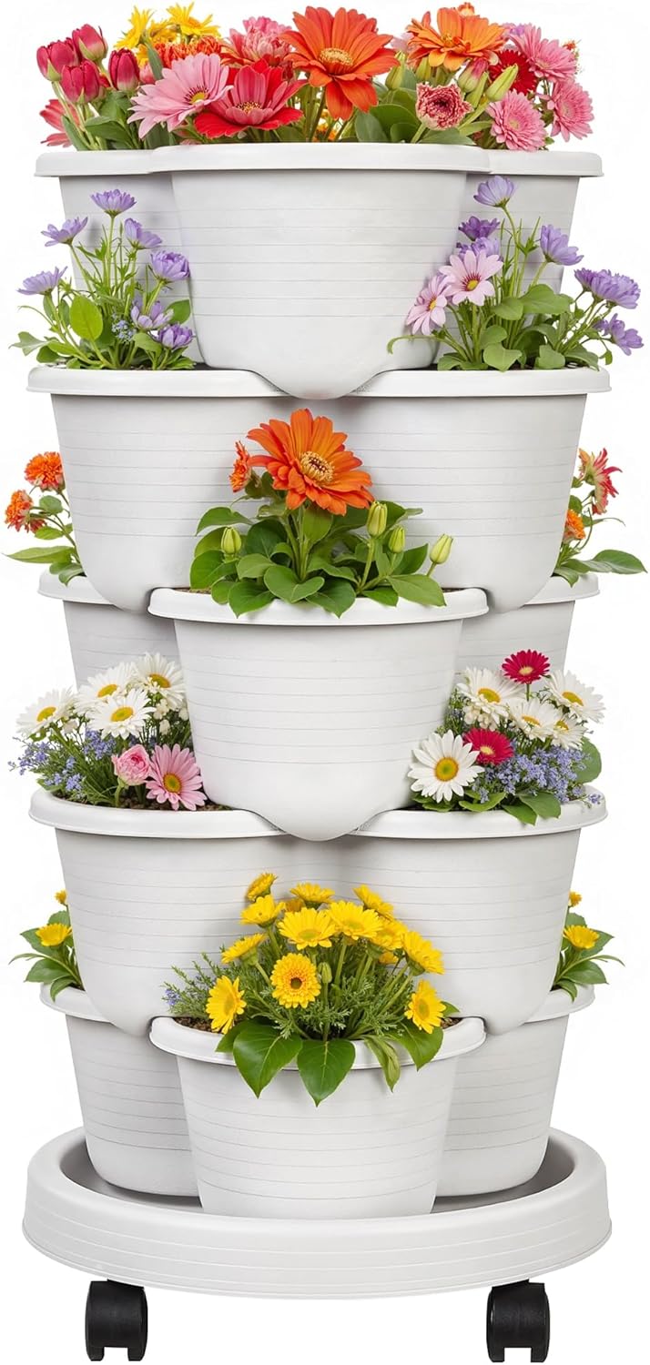 VECELO 5 Tier Vertical Garden Planter, Self Watering Stackable Planters with Wheels for