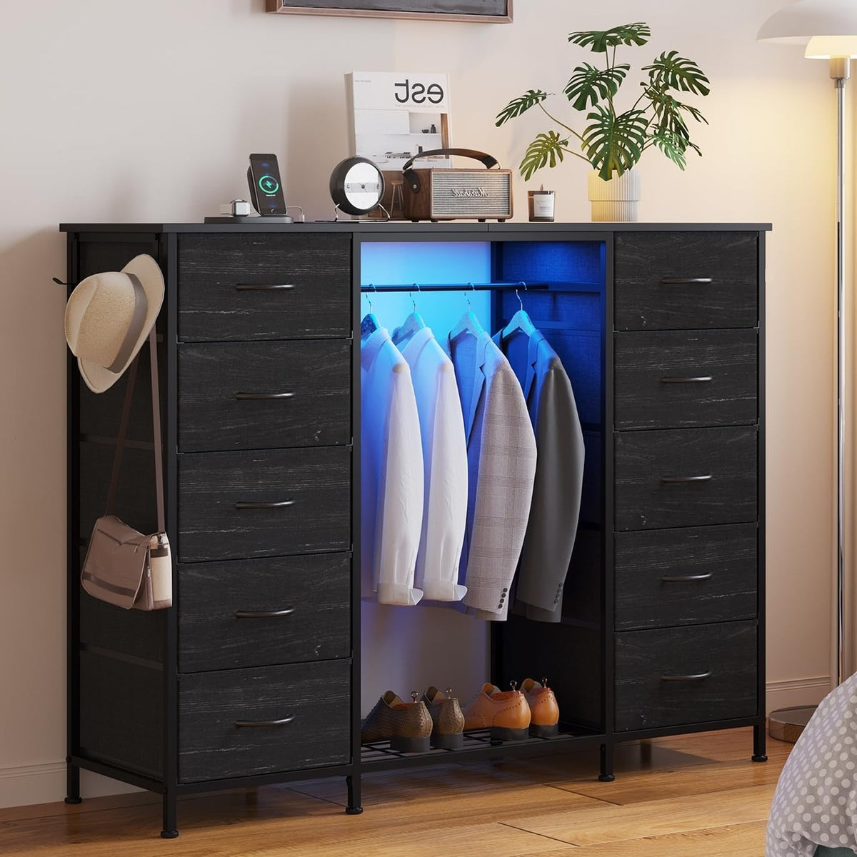 LUMTOK 55" W 2-in-1 Dresser with Hanging Rack, 10 Drawers Dresser for Bedroom,Dressers with Fabric