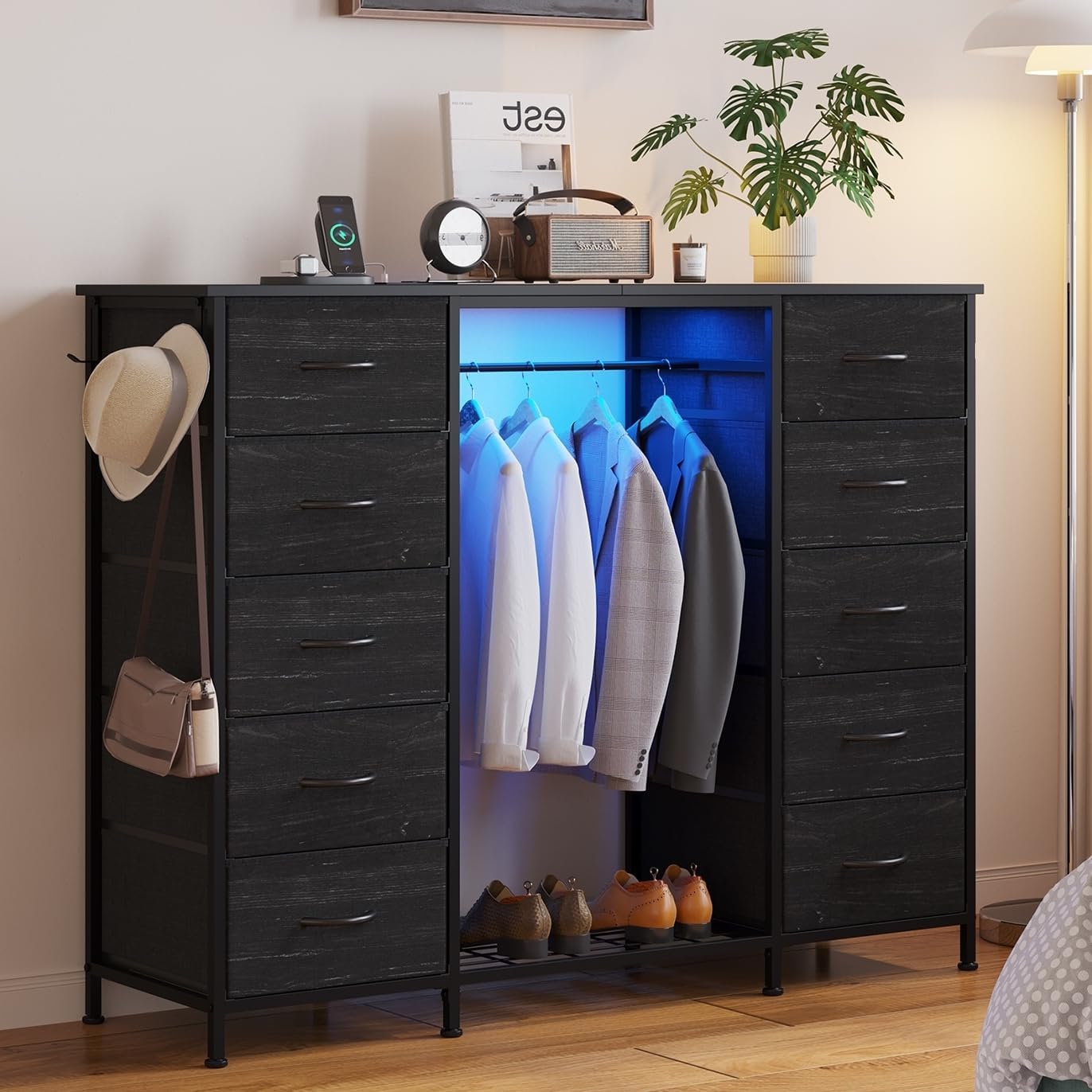 LUMTOK 55" W 2-in-1 Dresser with Hanging Rack, 10 Drawers Dresser for Bedroom,Dressers with Fabric