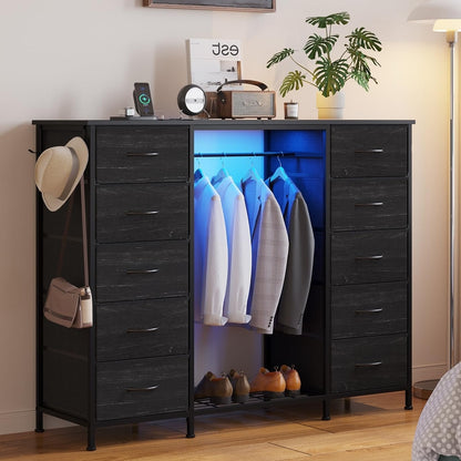 LUMTOK 55" W 2-in-1 Dresser with Hanging Rack, 10 Drawers Dresser for Bedroom,Dressers with Fabric