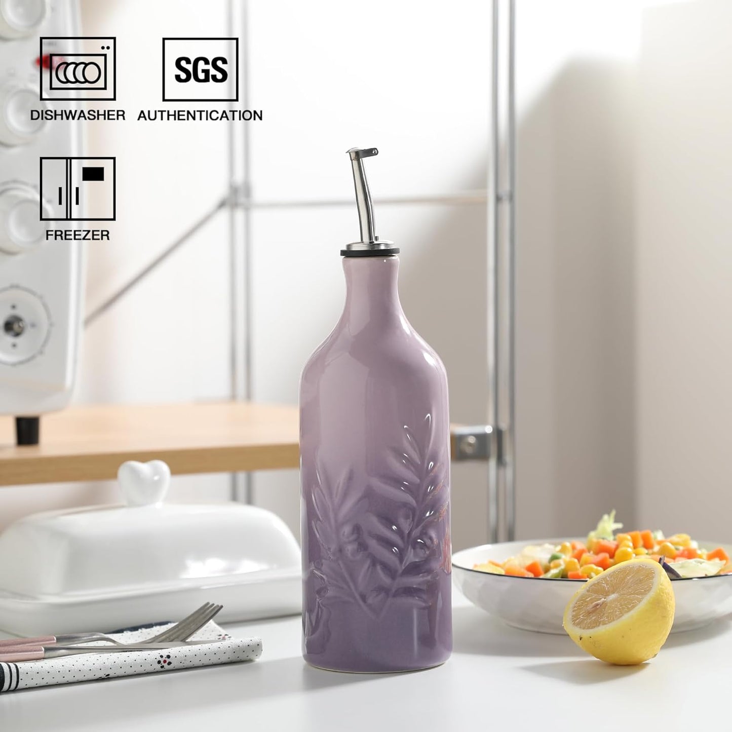 Sweejar Ceramic Olive Oil Dispenser Bottle, 20 Oz Relief Opaque Oil Cruet Protects To Reduce