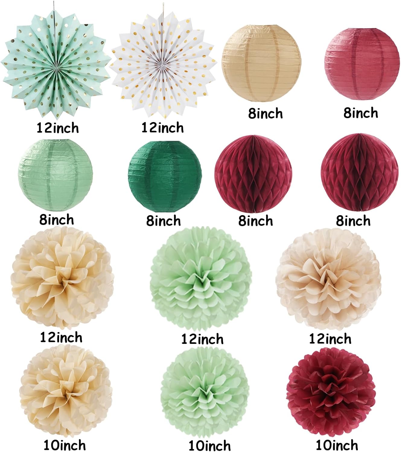 Sage-Olive Green Burgundy Champagne-Gold Party-Decorations - 14pcs Birthday Boho Paper Lanterns Fan