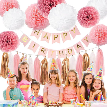 Tissue Tassel Garland and Paper Tassel Banner for Baby Girl Shower Decorations,Pink