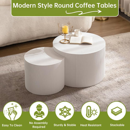 Round Nesting Coffee Table Modern White Fluted Coffee Table Set of 2 Stripe Round Coffee Tables