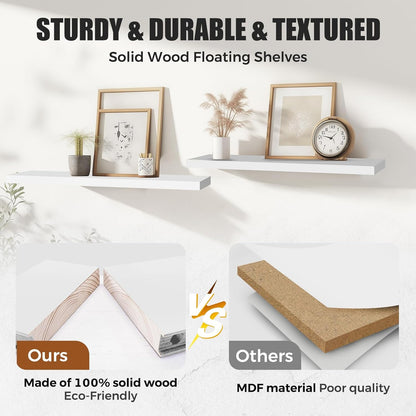 Floating Wall Shelves 2-Pack - 24-Inch Rustic White Wooden Shelves for Storage and Décor, Easy