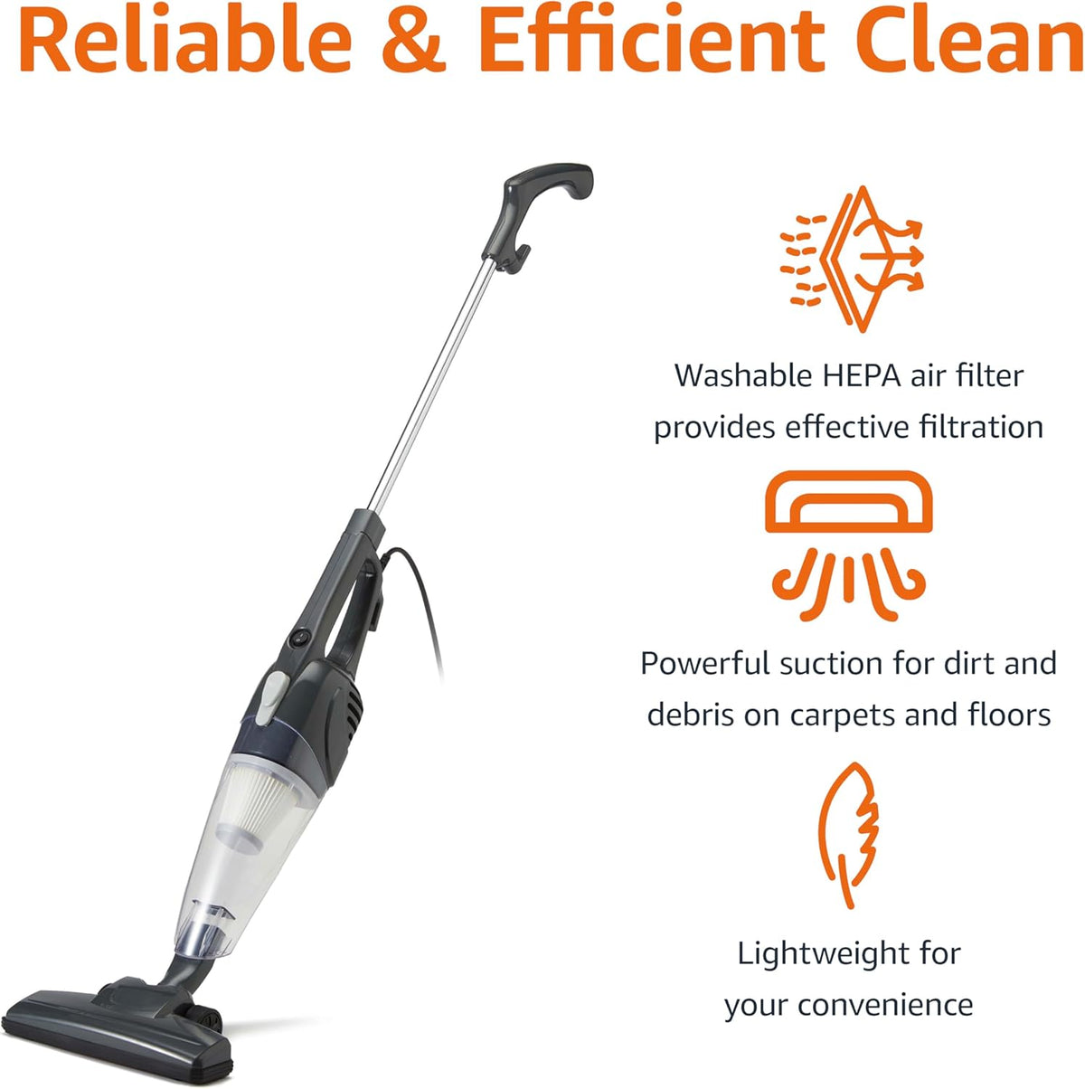 Amazon Basics 2-in-1 Corded Stick Vacuum Cleaner, Convertible to Handheld, Lightweight (3.9 LBS)