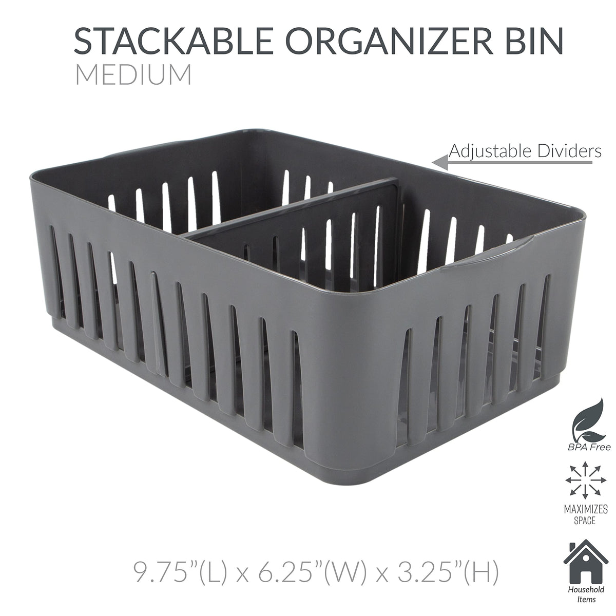 Simplify 3 Compartment Stackable Bin with Adjustable Dividers | Drawer Organizer | Storage Basket |