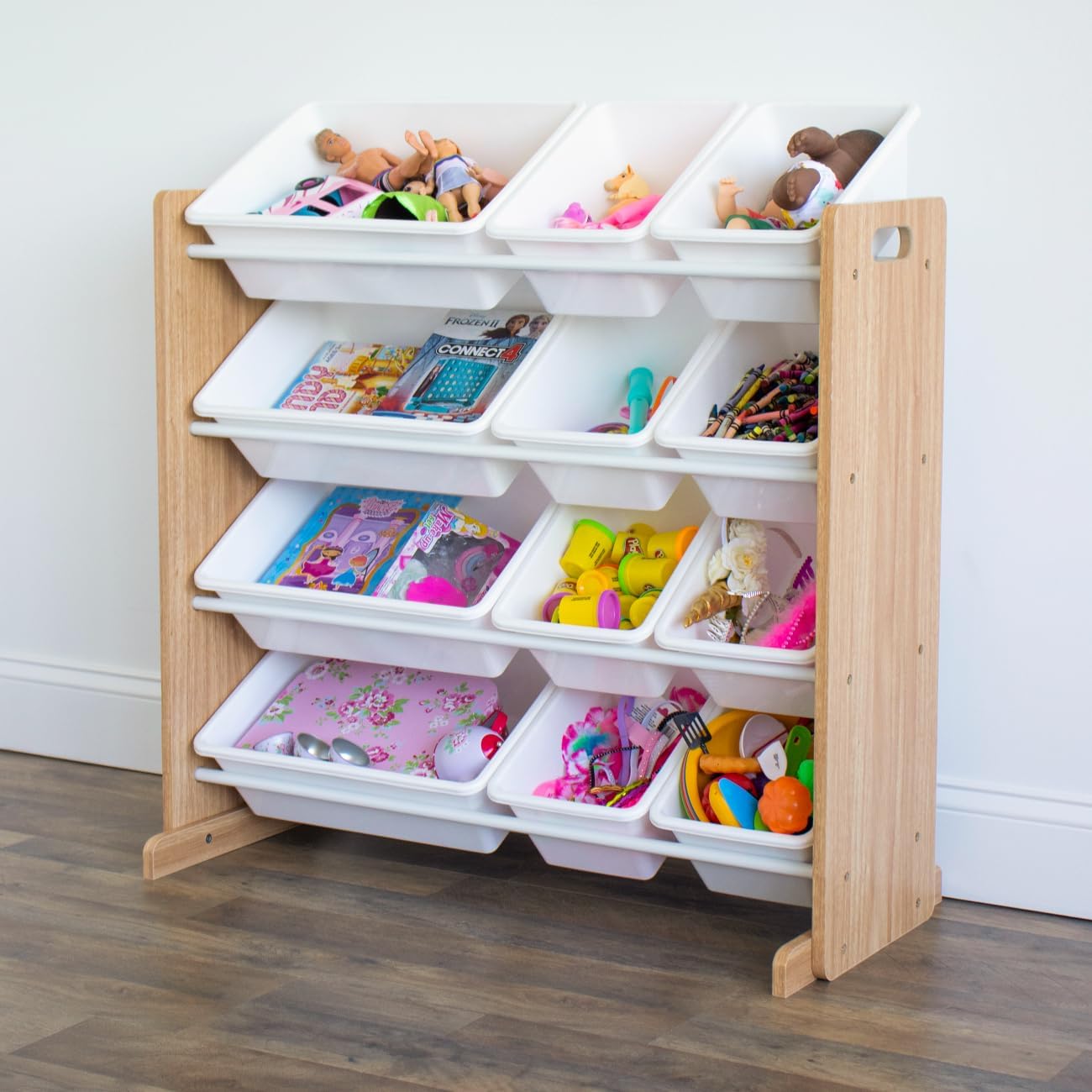 Humble Crew Kids Toy Storage Organizer with 12 Plastic Bins, Natural Wood/White – Removable Bins