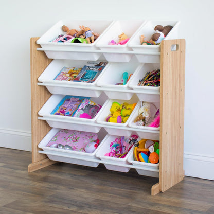 Humble Crew Kids Toy Storage Organizer with 12 Plastic Bins, Natural Wood/White – Removable Bins