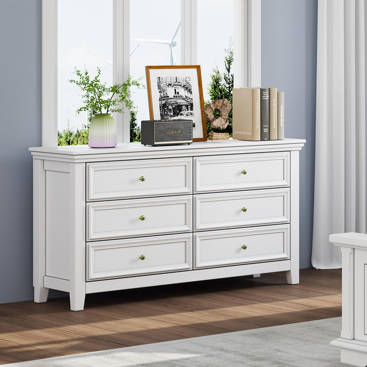 BLANKSPACE White 6 Drawer Dresser, Modern Dresser for Bedroom, Wood Drawer Organizer with Metal