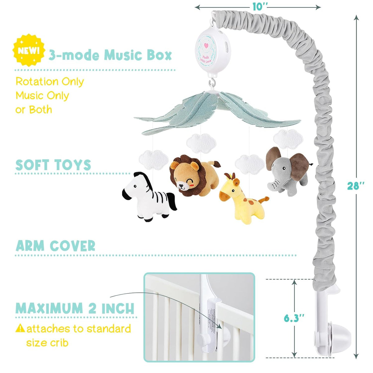 Animals Crib Mobile for Boys & Girls - Safari Baby Mobile for Crib with Upgraded 3-Mode Music Box
