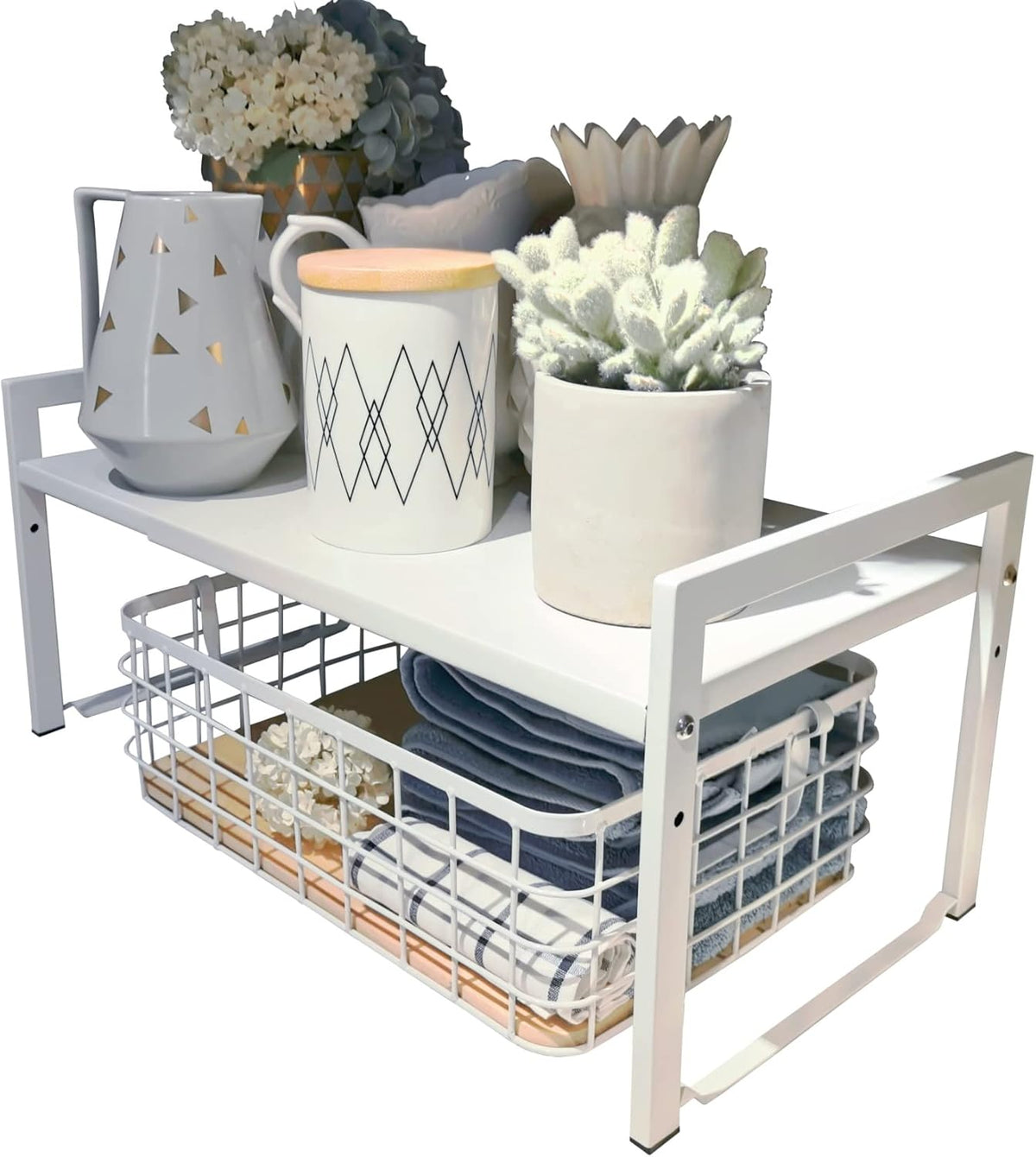Expandable Cabinet Shelf Organizer 16-26" L Stackable Kitchen Counter Shelf Rack Stand Sink Riser