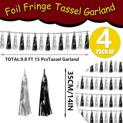4P Black Silver Foil Fringe Metallic Tassel Streamers Banner Tassel Garland for Parade Floats