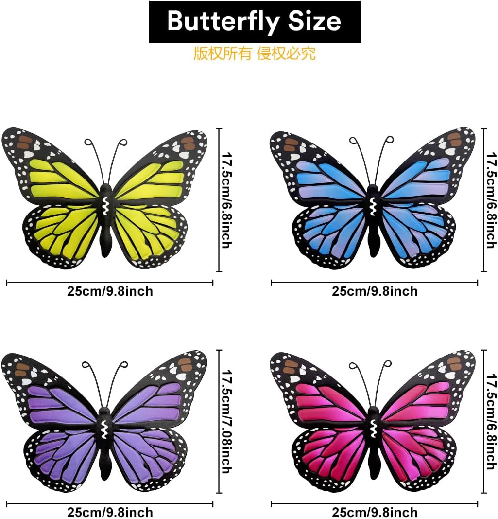 Metal Butterfly Outdoor Decor - 4 Pack 9.8in Butterflies Wall Sculpture Hanging Decor for Outside