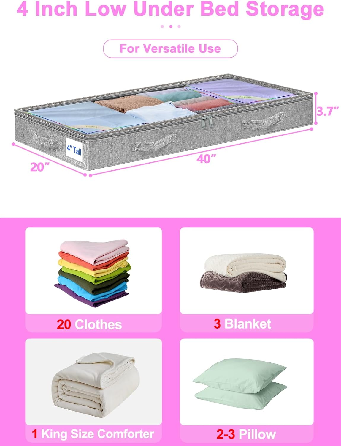punemi Under Bed Storage Containers, Below 4 Inches Tall Low Profile Underbed Storage, NO