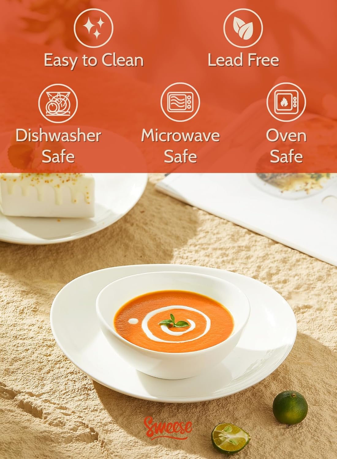 Sweese Porcelain Bowls Set - 6 Pack, 5 Inch, 10 oz for Desserts, Soup, Rice, Microwave Dishwasher