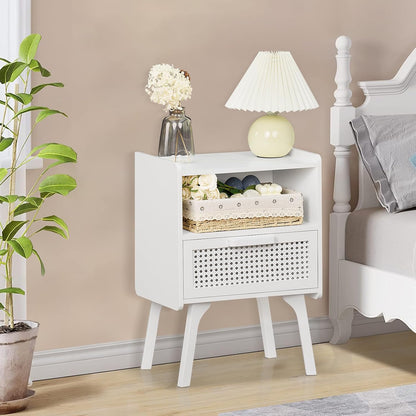 Lerliuo Rattan Nightstand, Side Table with Drawer Open Shelf, Cane Accent Bedside End Table with