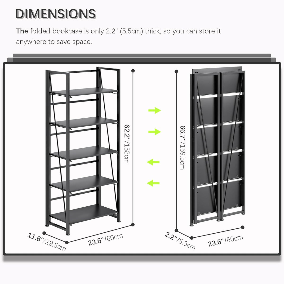 4NM No Assembly Foldable Bookshelf, 5-Shelf Collapsible Bookcase Storage for Small Spaces, 62.2" H