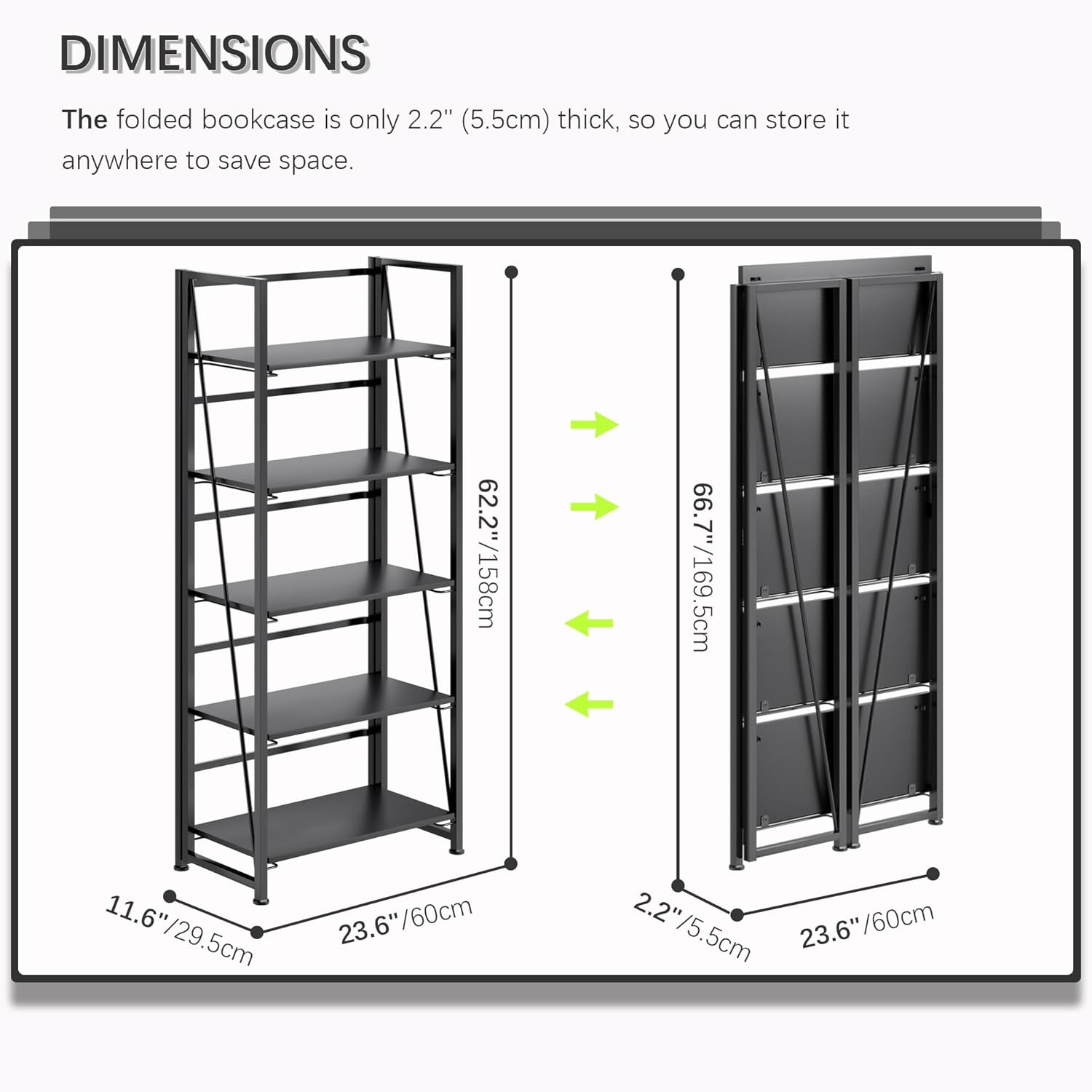 4NM No Assembly Foldable Bookshelf, 5-Shelf Collapsible Bookcase Storage for Small Spaces, 62.2" H