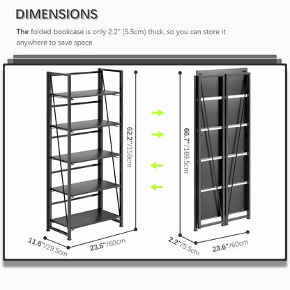 4NM No Assembly Foldable Bookshelf, 5-Shelf Collapsible Bookcase Storage for Small Spaces, 62.2" H