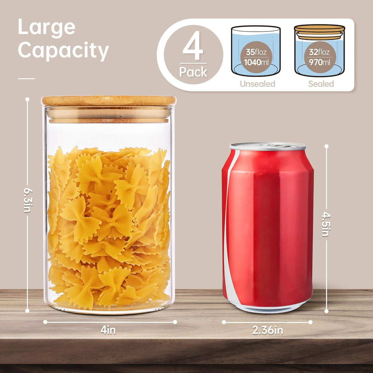 32oz - 4 Pack Glass Jars with Bamboo Lids, Glass Pantry Storage Containers with Airtight Lids