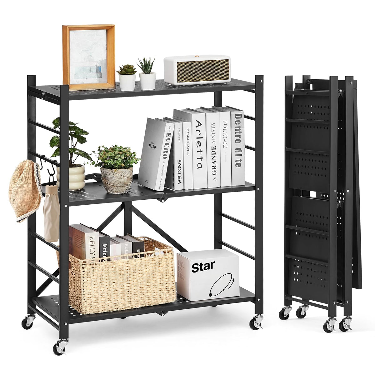 VEVOR 3-Tier Foldable Storage Shelf, 30W x 13D x 36H Inch Folding Metal Rack Shelving Unit, No