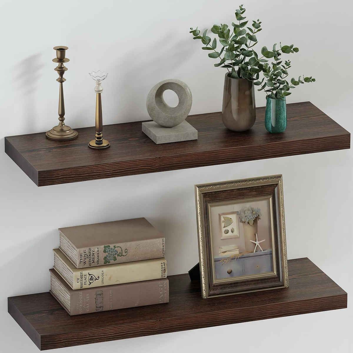 SAUMONIERES Floating Shelves 8 Inch Deep Solid Wood Wide Wall Shelf Set of 2 Wall Mounted for