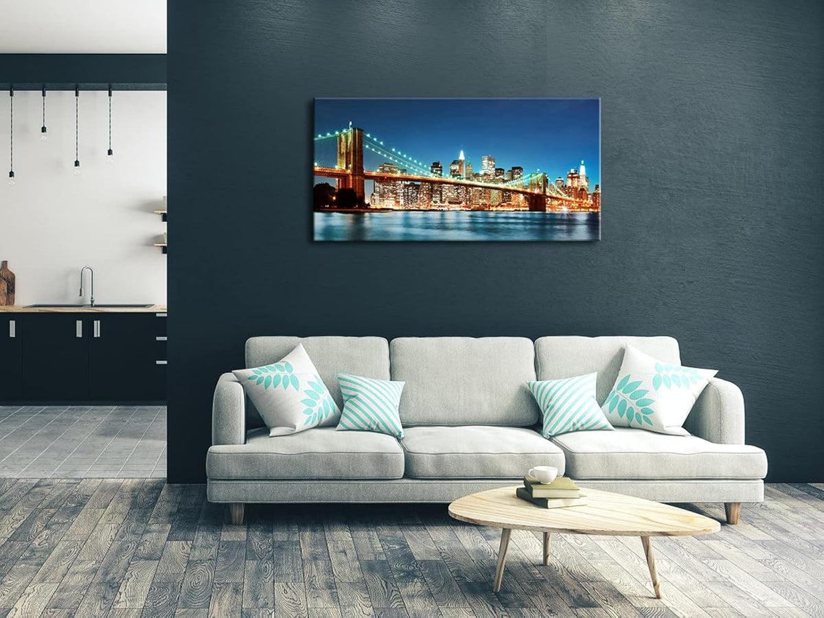 Pyradecor Large Modern New York Cityscape Canvas Wall Art Brooklyn Bridge Night View Canvas Prints