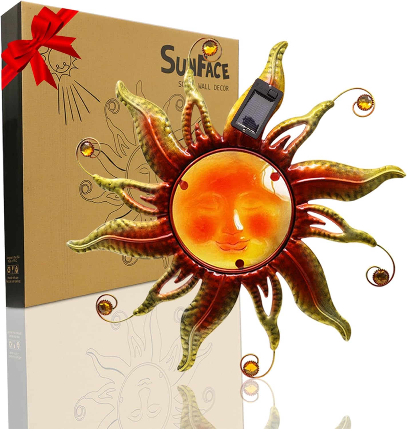 Goodeco Solar Sun Face Wall Art – Metal Outdoor Wall Decor with Solar LED Lights for Garden & Patio