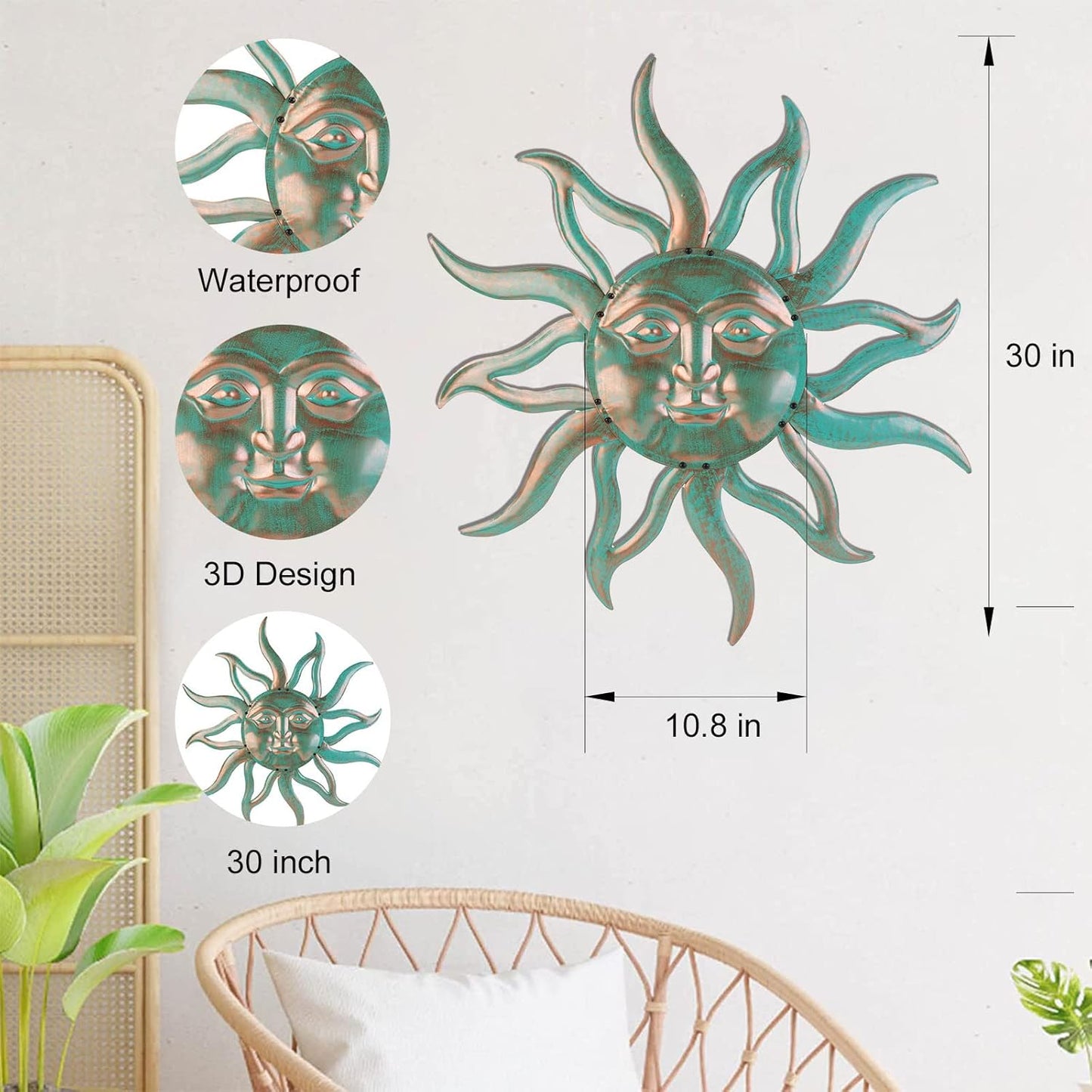 Sun Metal Wall Art Outdoor Decor - 30 Inches Rust Proof Retro Metal Wall Sculpture Statues Wall Art