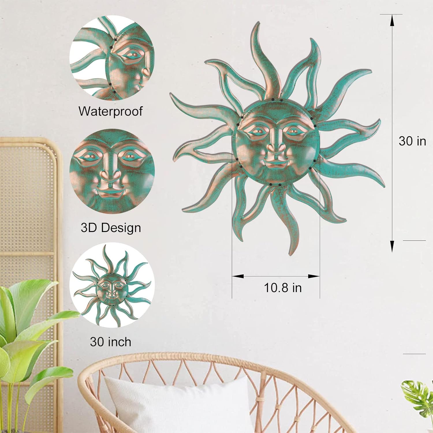 Sun Metal Wall Art Outdoor Decor - 30 Inches Rust Proof Retro Metal Wall Sculpture Statues Wall Art