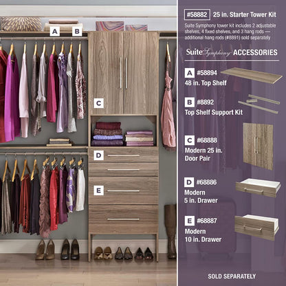 ClosetMaid SuiteSymphony Wood Closet Organizer Starter Kit with Tower and 3 Hang Rods, Shelves