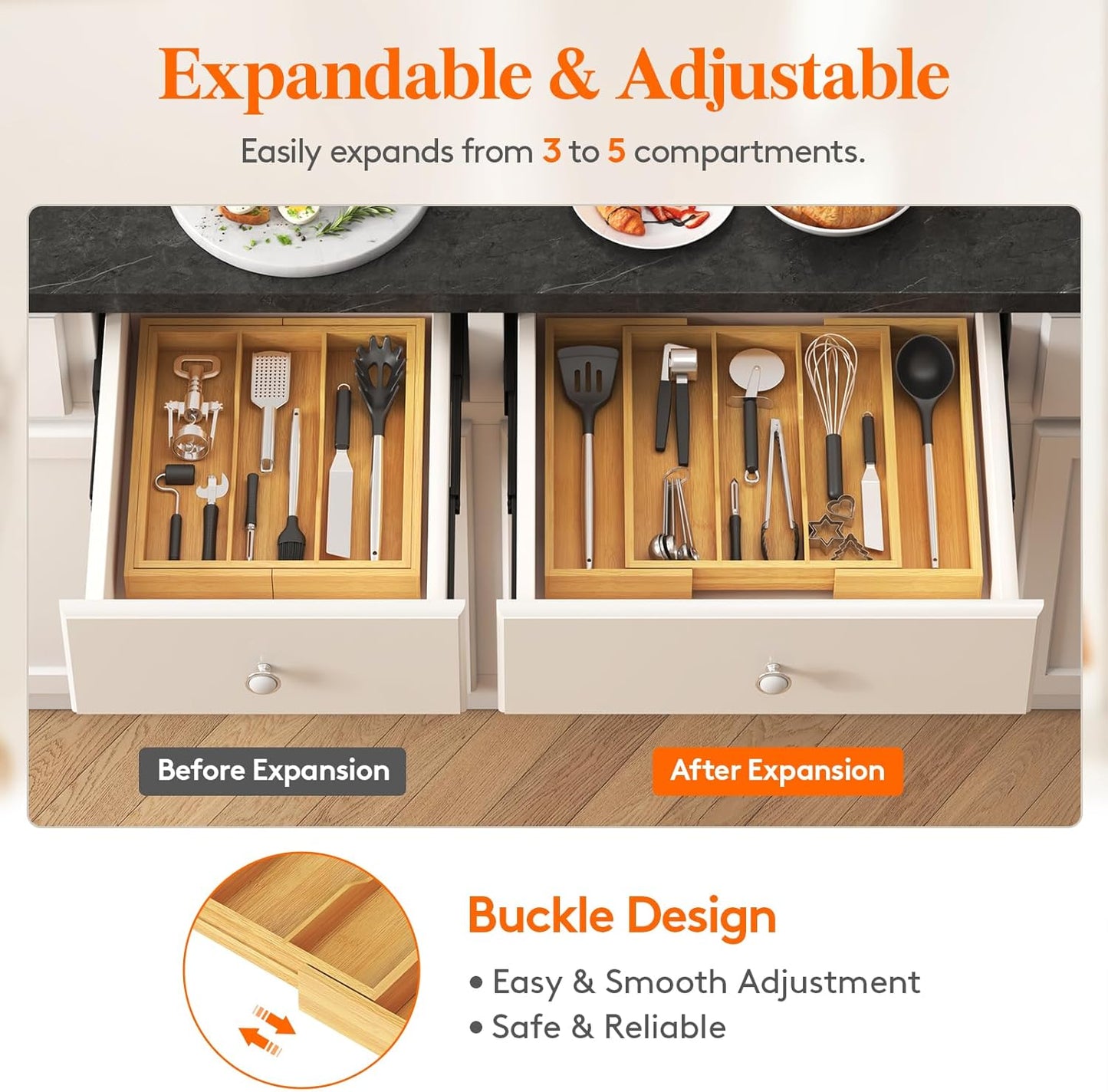 Lifewit Utensil Organizer for Kitchen Drawer, Expandable Cooking Utensil Tray, Bamboo Cutlery