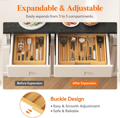 Lifewit Utensil Organizer for Kitchen Drawer, Expandable Cooking Utensil Tray, Bamboo Cutlery