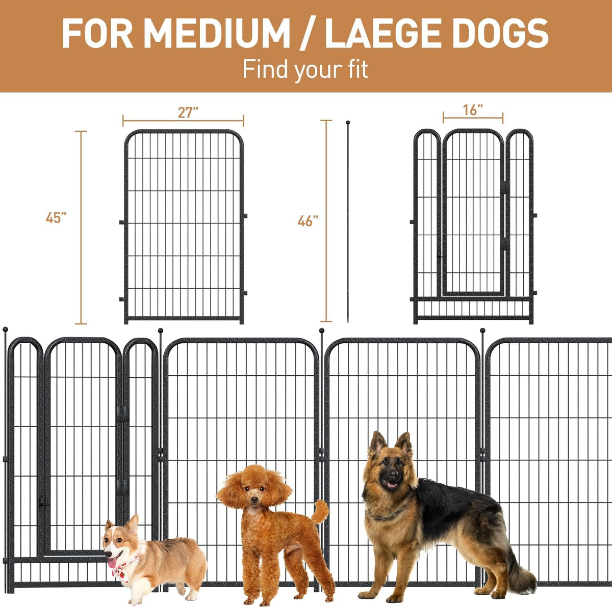 Metal Dog Playpen, 45" Inch Height 16 Panels, Large Dog Fence for Large/Medium/Small Dogs Indoor &