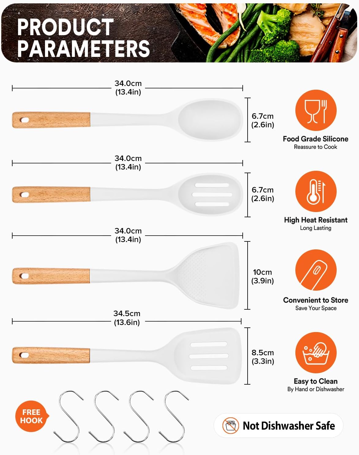Silicone Cooking Utensils Set, Perfectly Angled for Frying, Mixing,Serving,Draining,Turning and