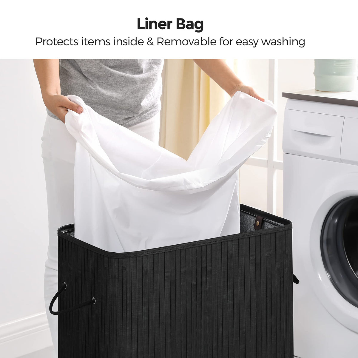 SONGMICS Laundry Hamper with Lid, Bamboo Laundry Basket, Removable Machine Washable Laundry Basket