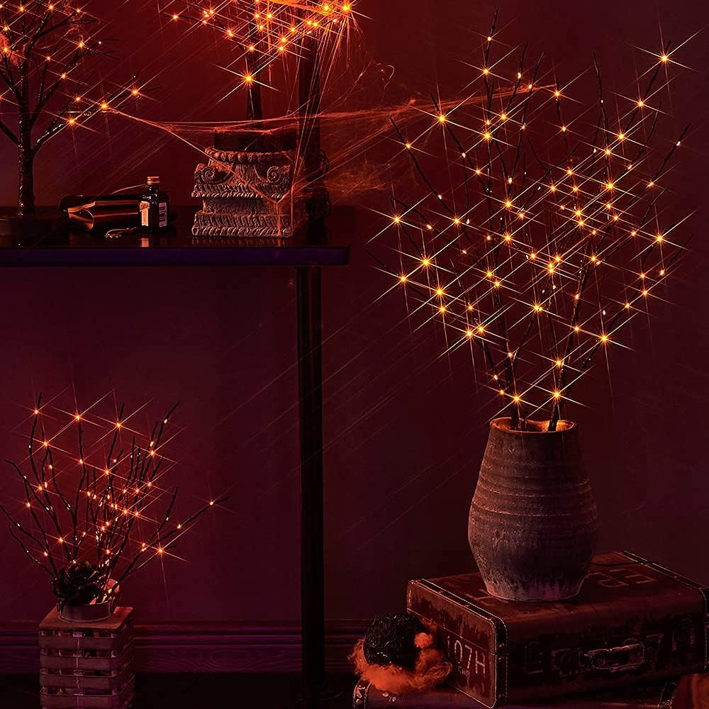 LITBLOOM Halloween Tree Branch Lights 32IN 100 Orange LED with Timer, Lighted Black Twig Branches