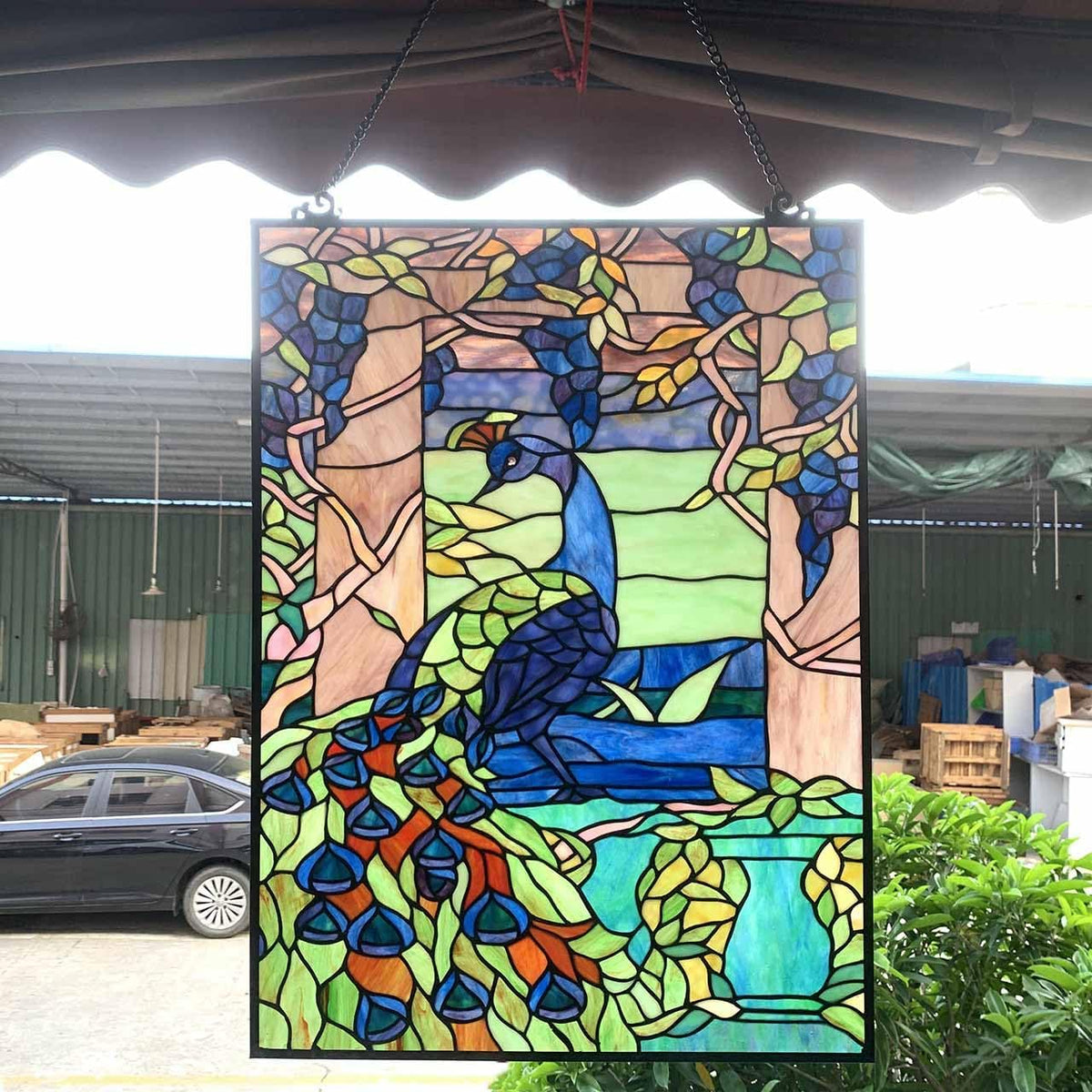 Bieye W10095 Peacock in Garden Tiffany Style Stained Glass Window Panel for Home Decor (Blue