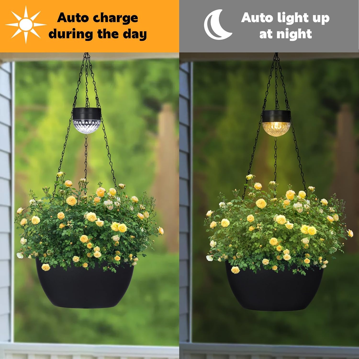 2 Packs Hanging Planters Basket for Outdoor Plants, Solar Powered Self Watering Black Round Plastic