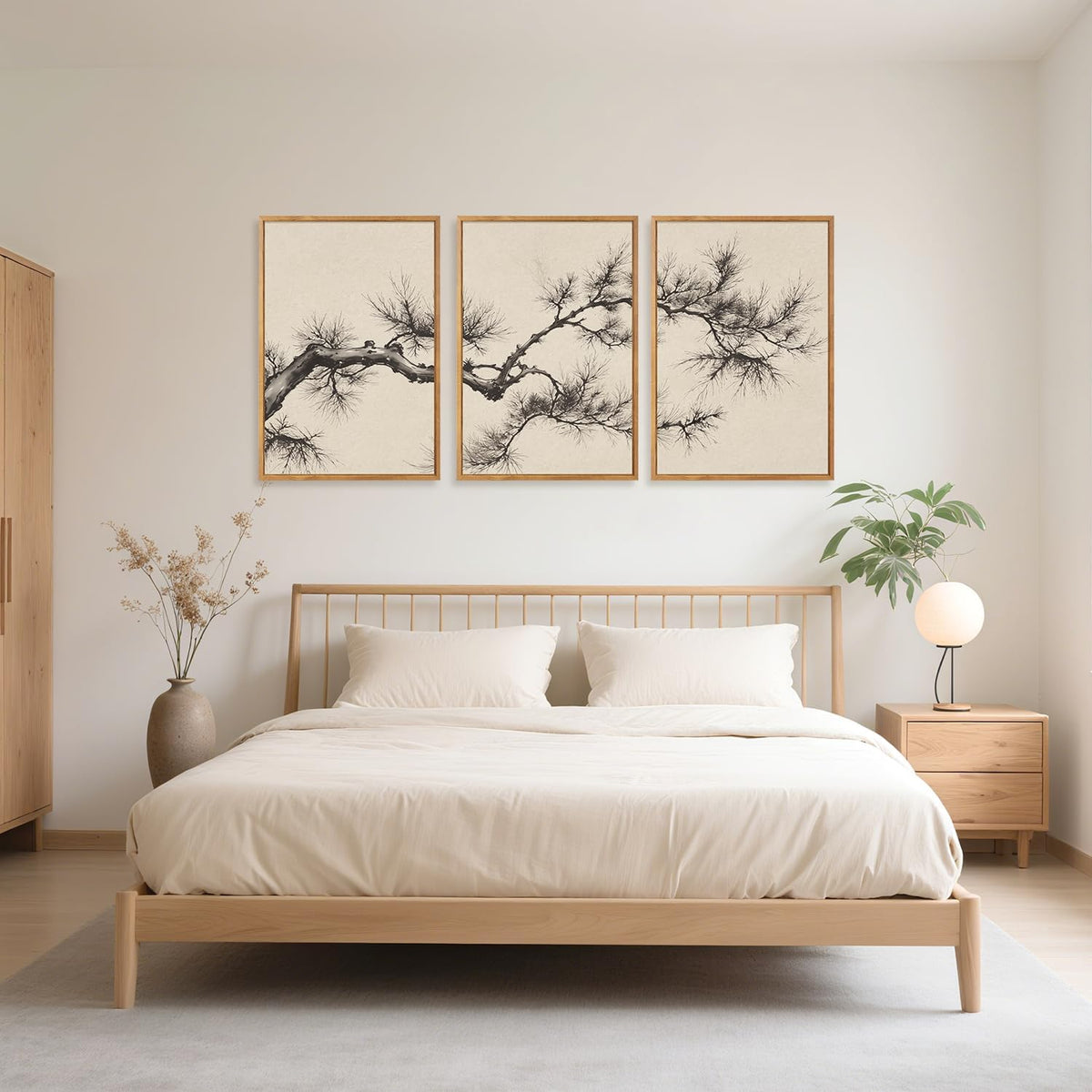 HPNIUB Vintage Sketch Pine Tree Framed Canvas Wall Art Set, Brown Antique Tree Branch Wall Decor